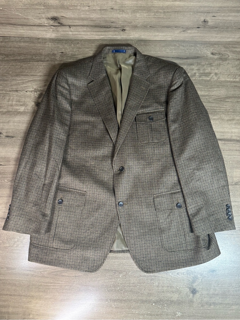 Paul Fredrick Mens XL 100% Wool Blazer Olive Brown Houndstooth Sport Coat